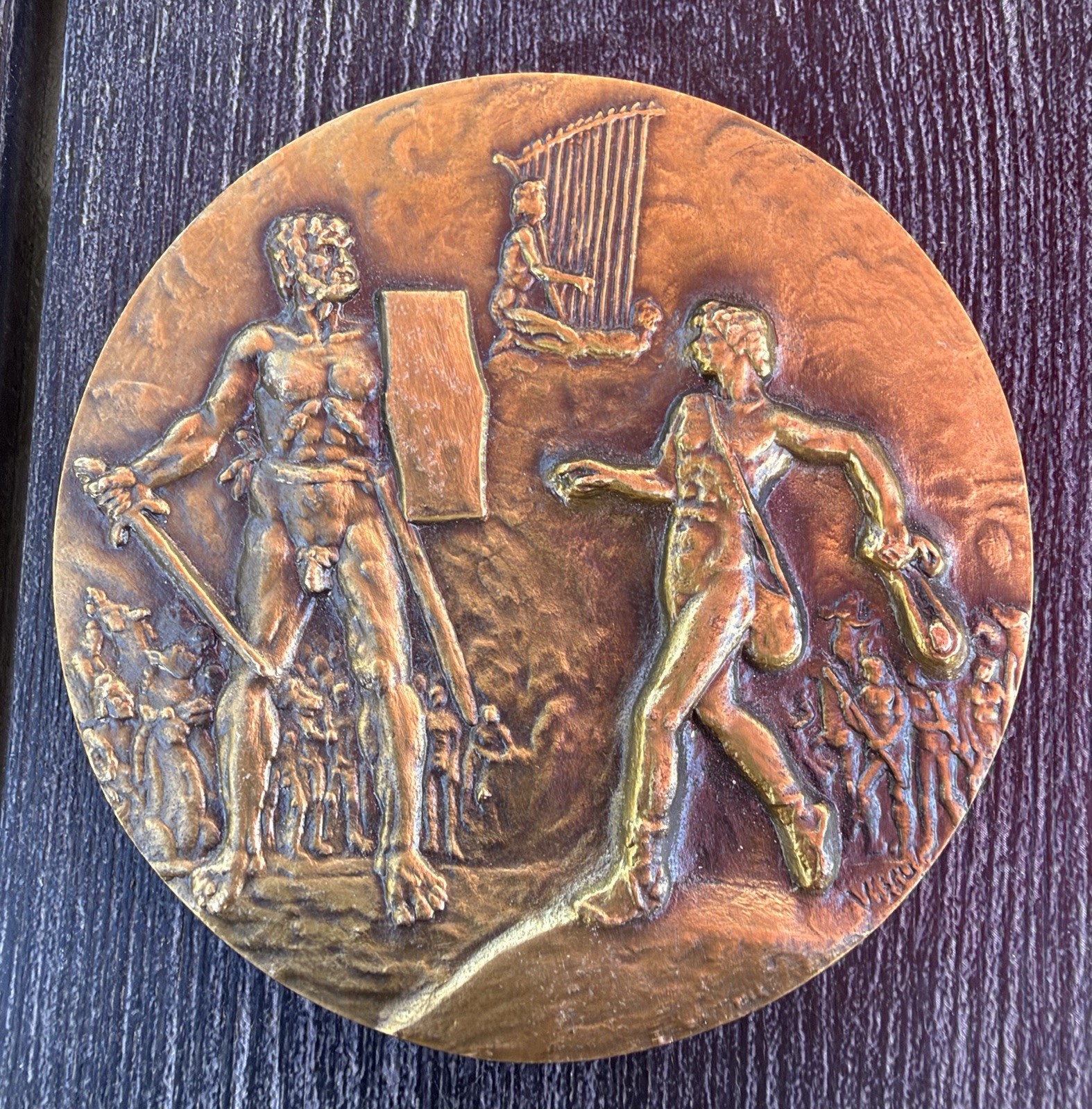 Vintage Bronze Medallion.  David & Goliath. A. Canedo.  Portugal.  Very Nice