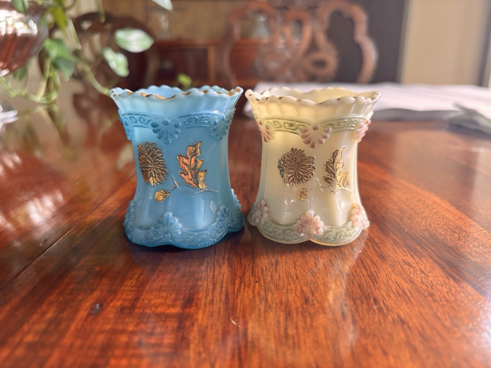 RARE Set 2 Antique 1899 Northwood Chrysanthemum Sprig Toothpick Holders