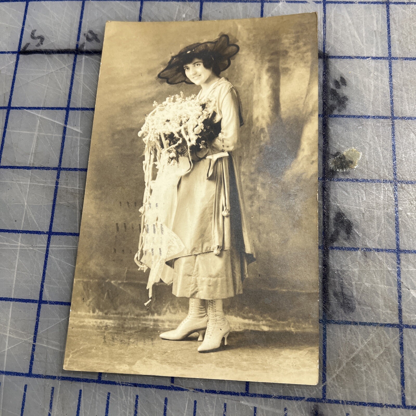 Vintage Picture Postcard 1917 Woman In Granny Boots Holding Bouquet Of Flowers