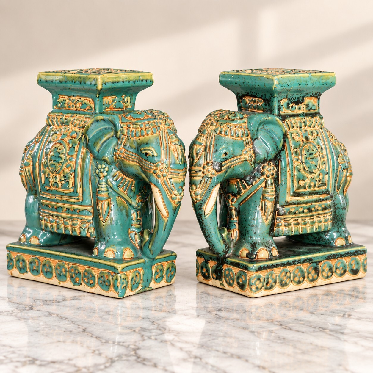 Vintage Pair Turquoise Handpainted Ceramic Elephant Plant Stands Asian 8.5\