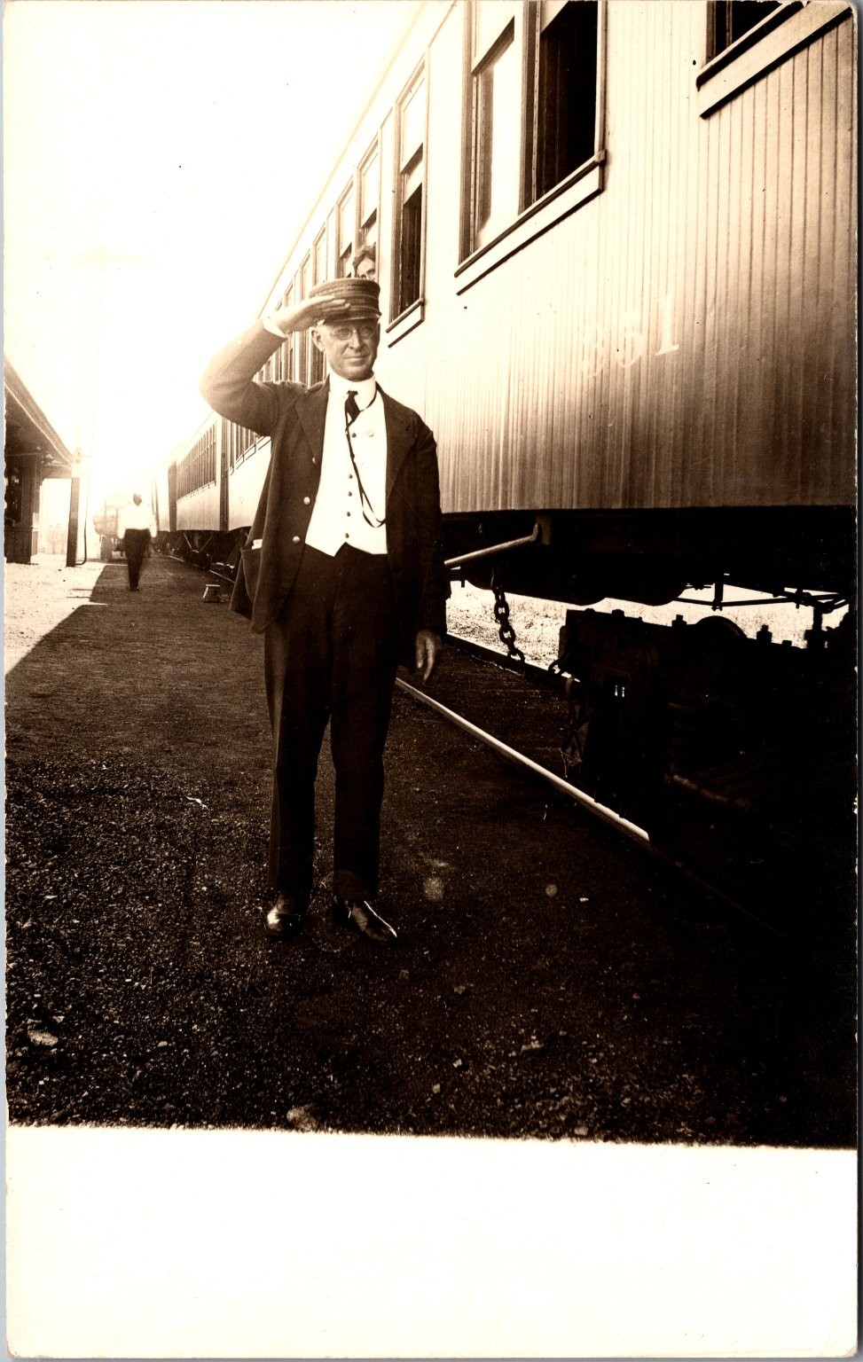 RPPC Mt. Hope West Virginia Train Depot Postcard Conductor Saluting Wooden Train