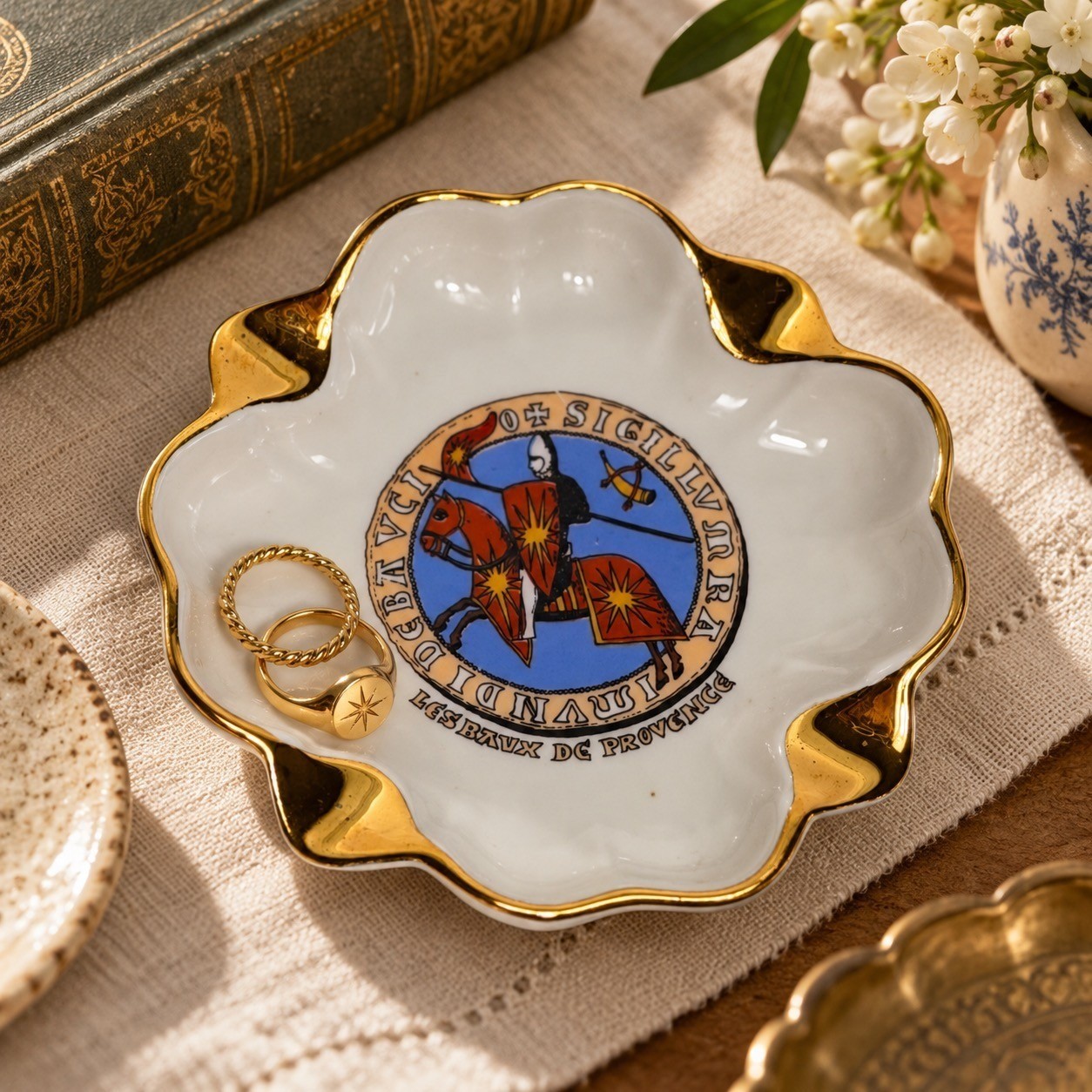 Vintage Veritable Porcelaine France Trinket Dish Gold White Les Baux De Provence