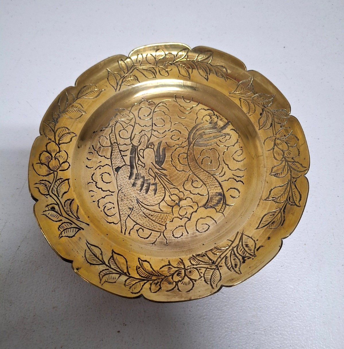 Vintage Antique Solid Brass Decorative Plate Dragon & Flowers Etched