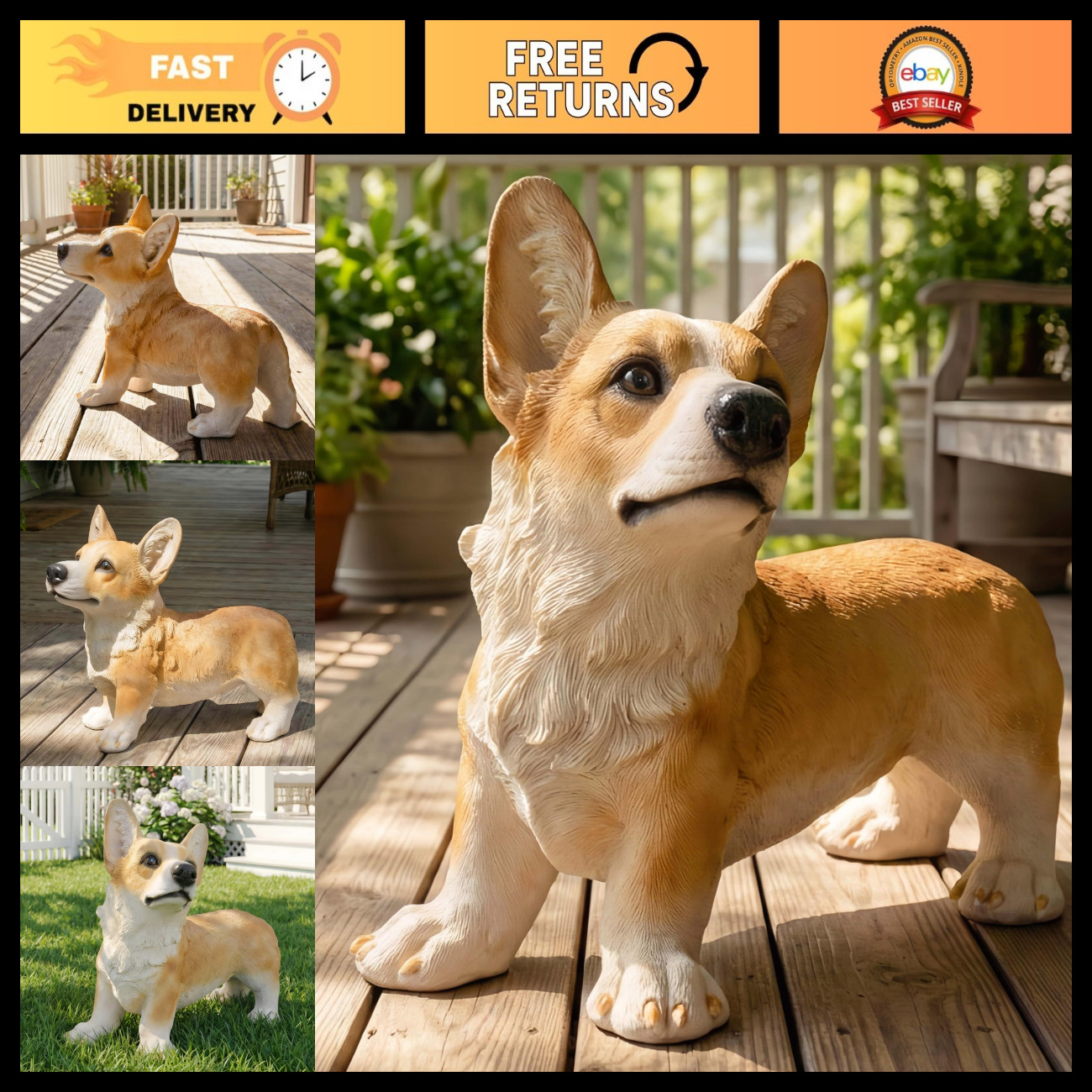 Realistic Welsh Corgi Dog Statue | Indoor Outdoor Pet Decor, Garden Accent, Dog