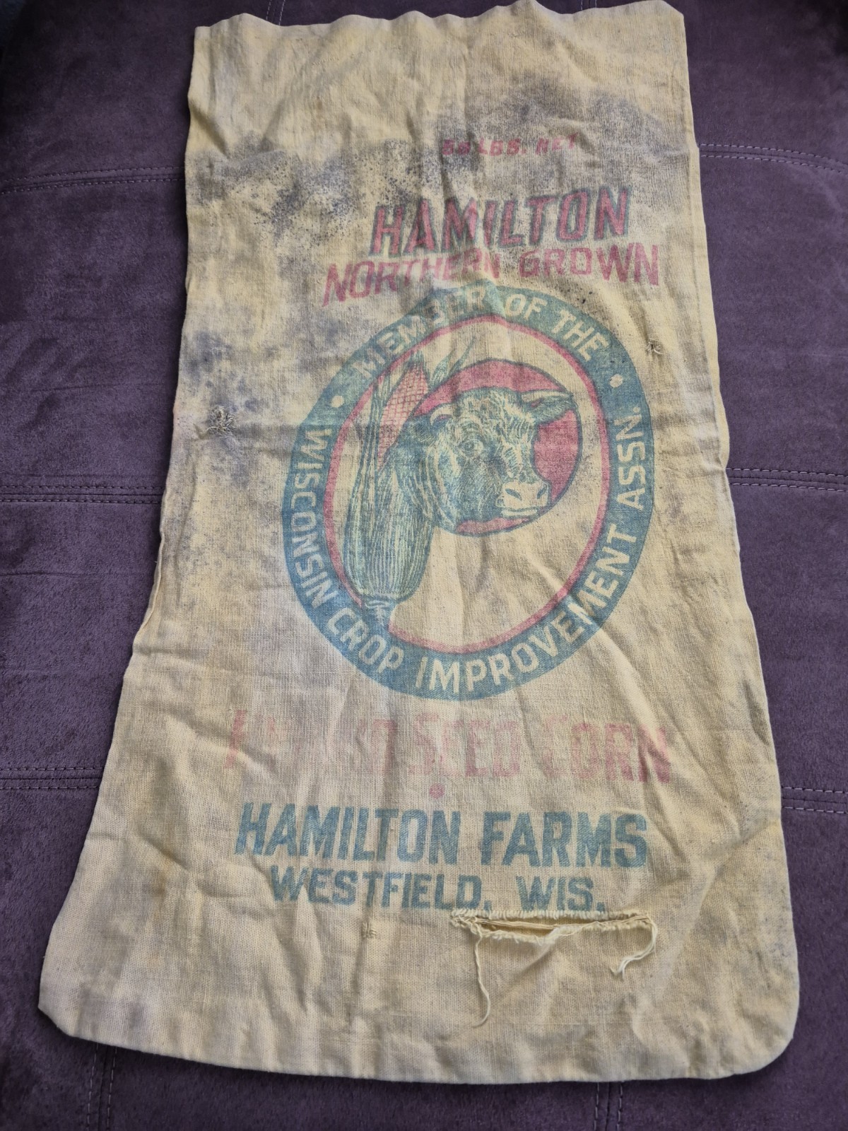 VINTAGE HAMILTON NORTHERN GROWN HYBRID CORN SEED BURLAP BAG, SACK, WESTFIELD, WI