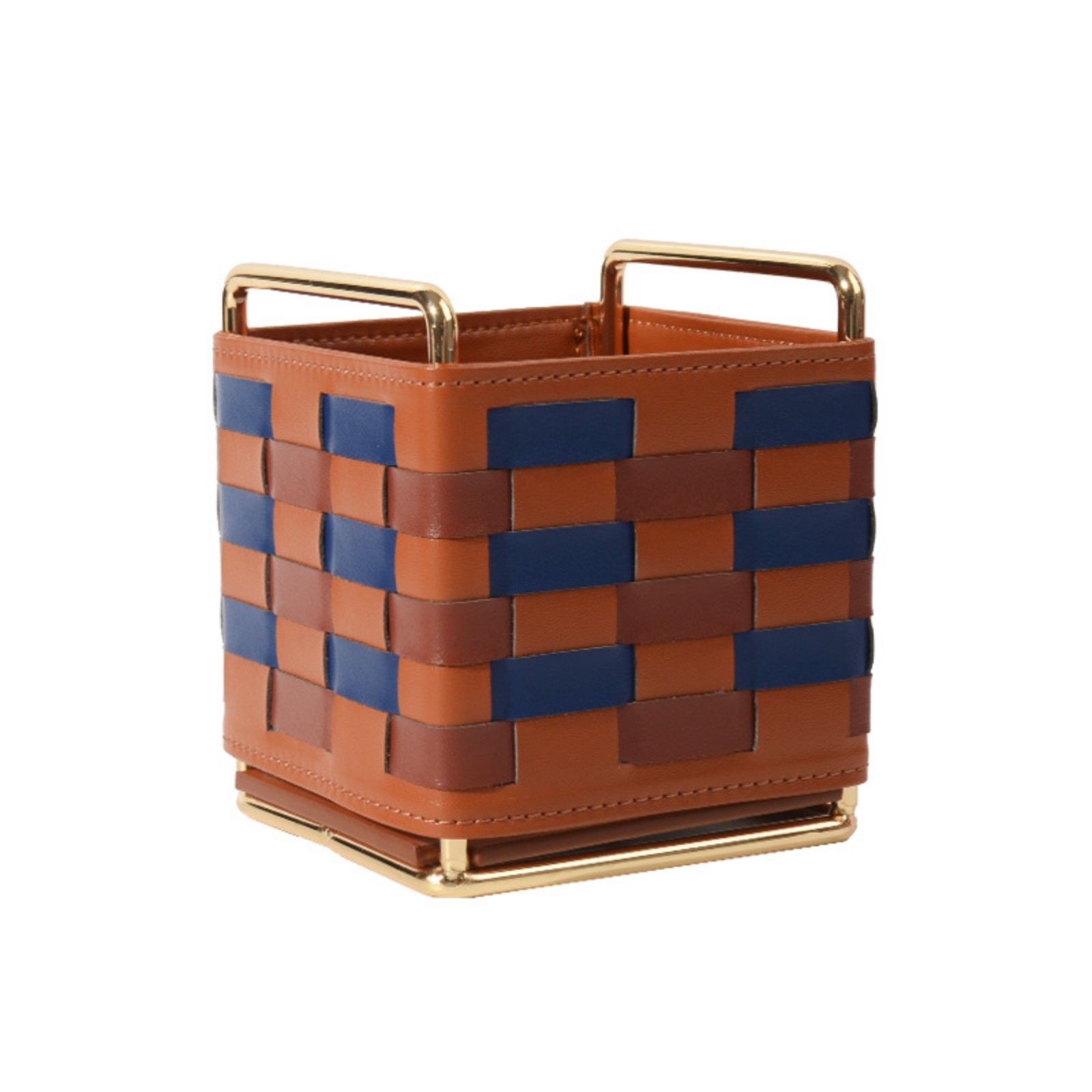 Leather Storage Box Stitched Edges Home Organizer Brown and Blue