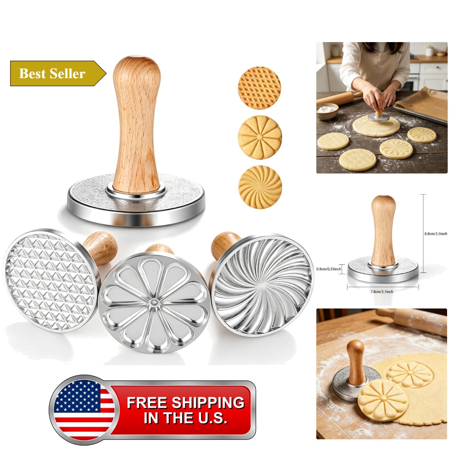 Cookie Stamps Set, 3 Pcs Cookie Stamps Round Metal Cookie Press Set with Wood...