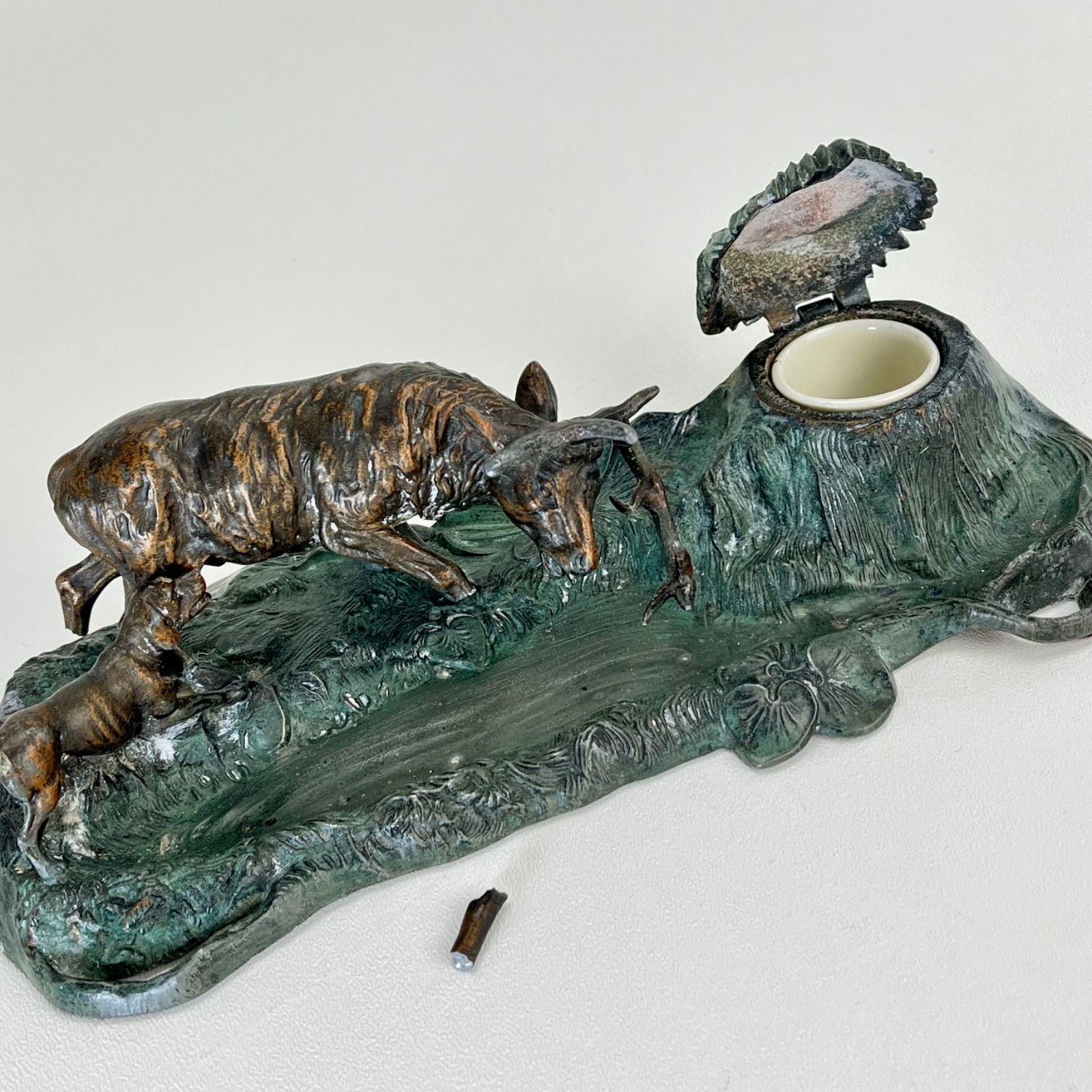 Antique Austrian Desk Set Inkwell Spelter Stag Hunt Scene FOR REPAIR c1900