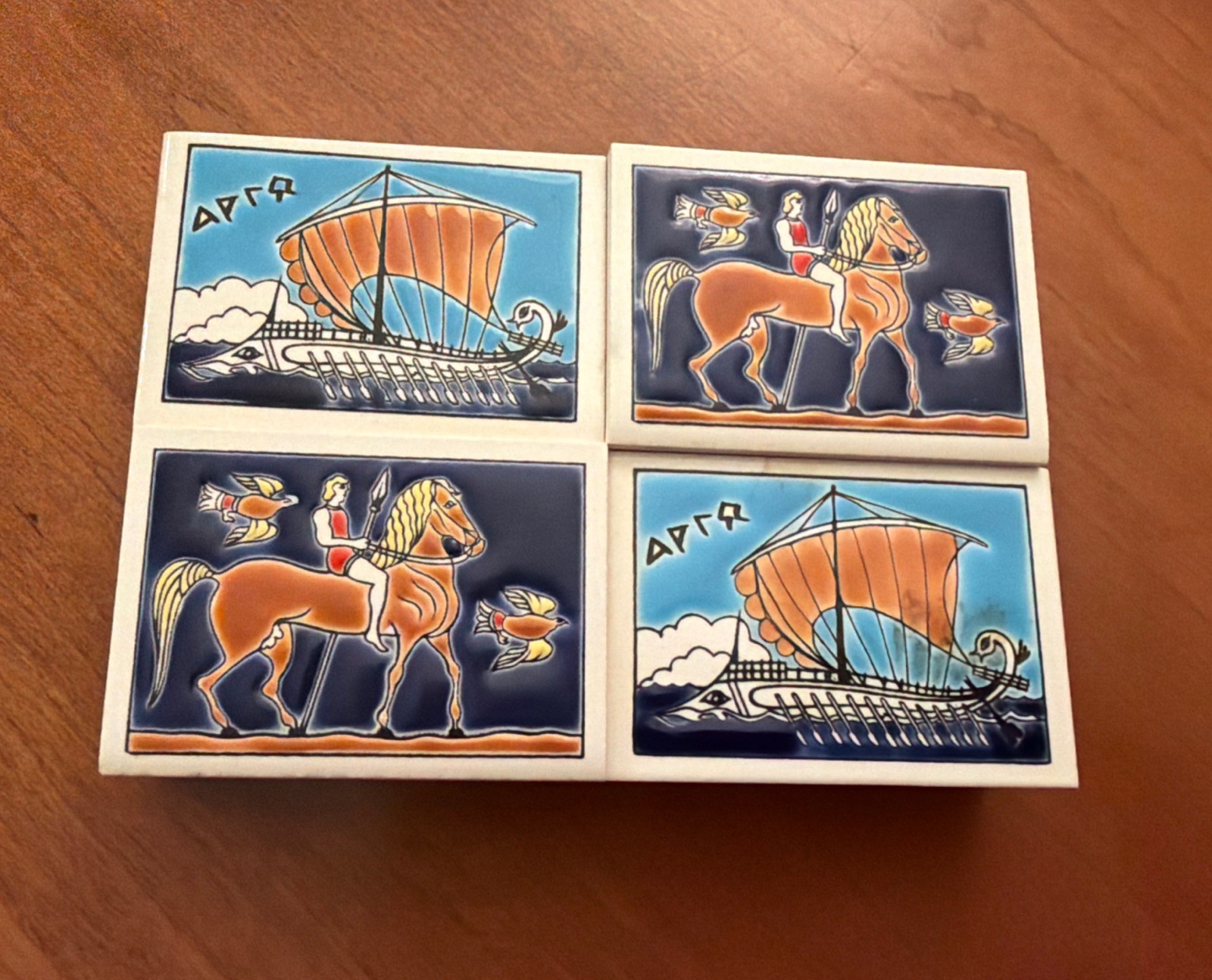 Set Of 4 Vintage Greek Painted Tile Empty Matchboxes 1970s Tourist Tobacciana