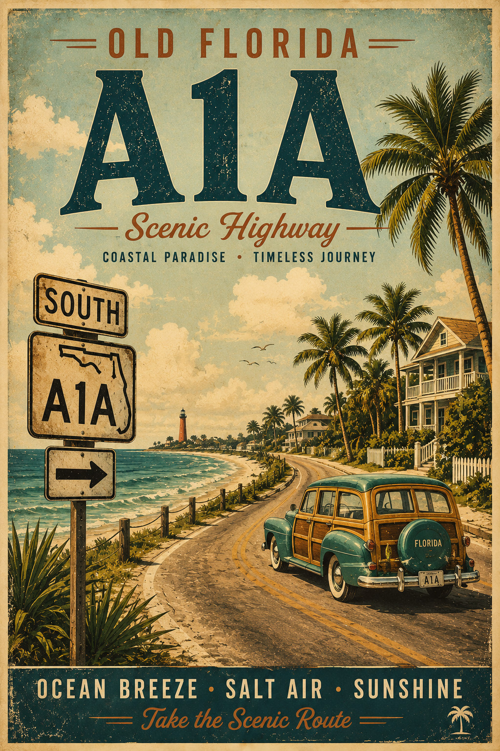 Old Florida A1A Highway Poster Vintage Coastal Travel Wall Art Print 13x19