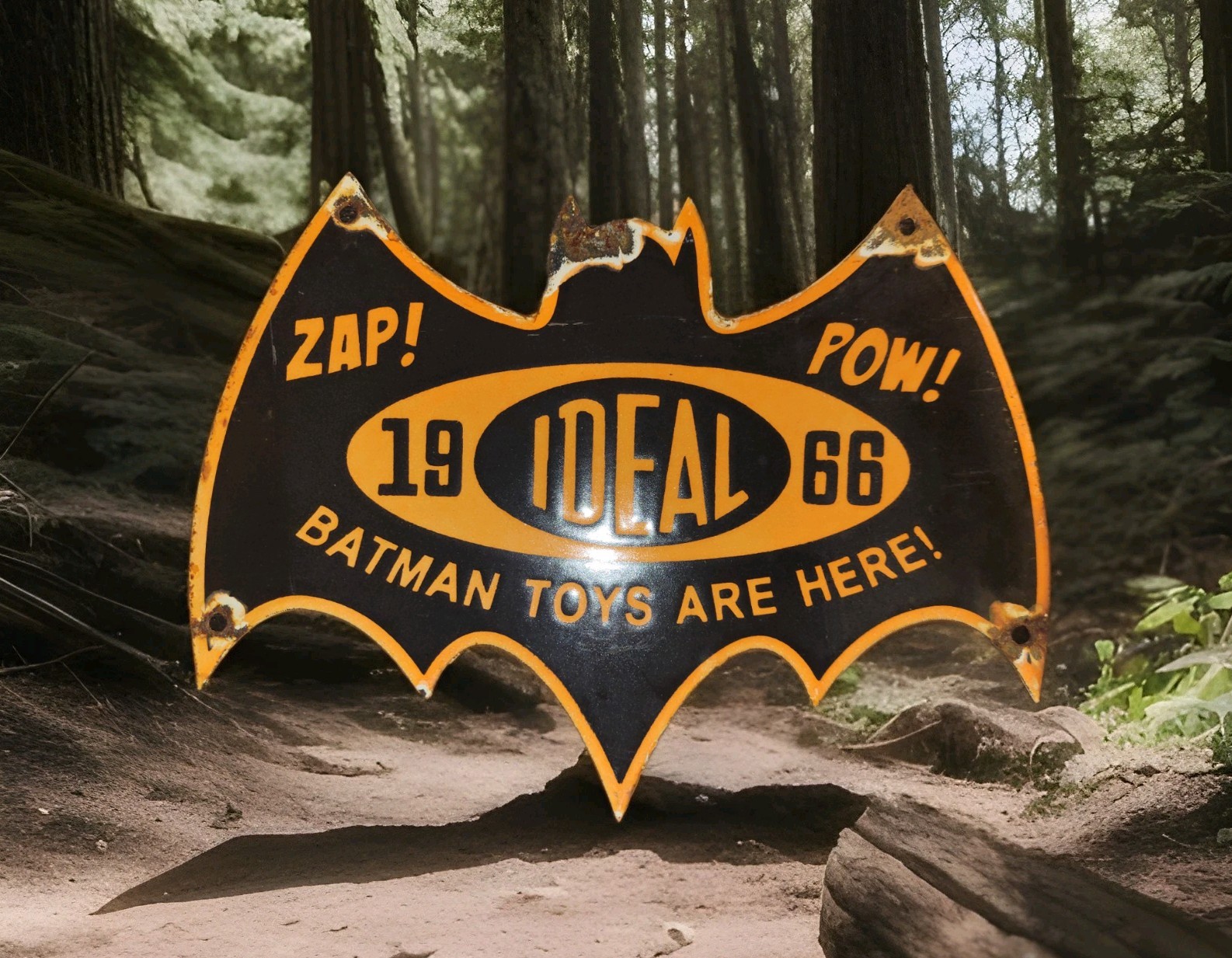 VINTAGE BATMAN PORCELAIN SIGN DC COMICS IDEAL TOYS 1966 ROBIN BATCAVE GAS OIL 