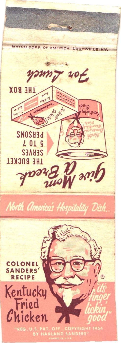 Kentucky Fried Chicken Colonel Sanders 1954 Vintage Matchbook Cover