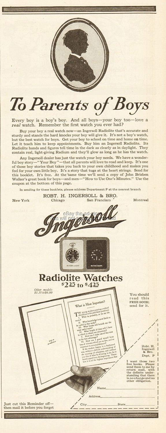 1917 Ingersoll Radiolite Pocket Watch To Parents of Boys Vintage Magazine Ad