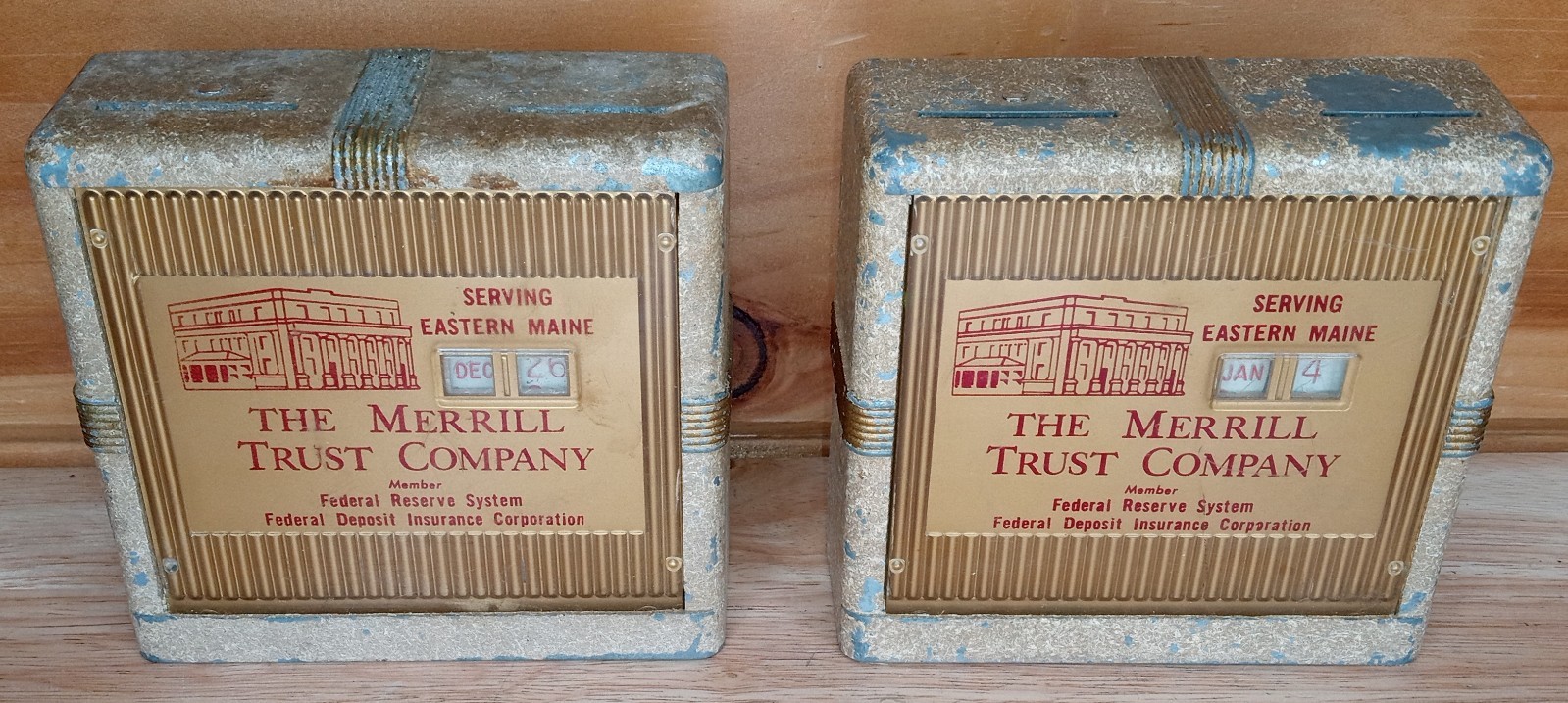 Vintage Merrill Trust Company Coin Bank w/ Key Eastern Maine Rare