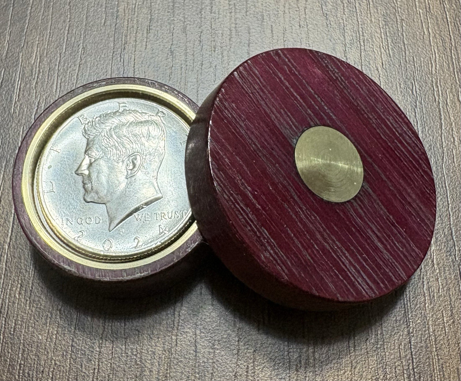 1/2 DOLLAR OKITO STYLE COIN BOX        FIGURED PURPLEHEART AND BRASS