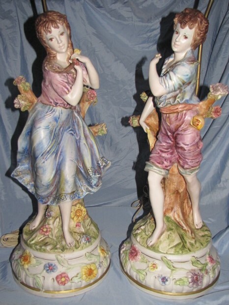 Pair Large Vintage Capodimonte Style Italy Peasant Boy & Girl Table Lamps