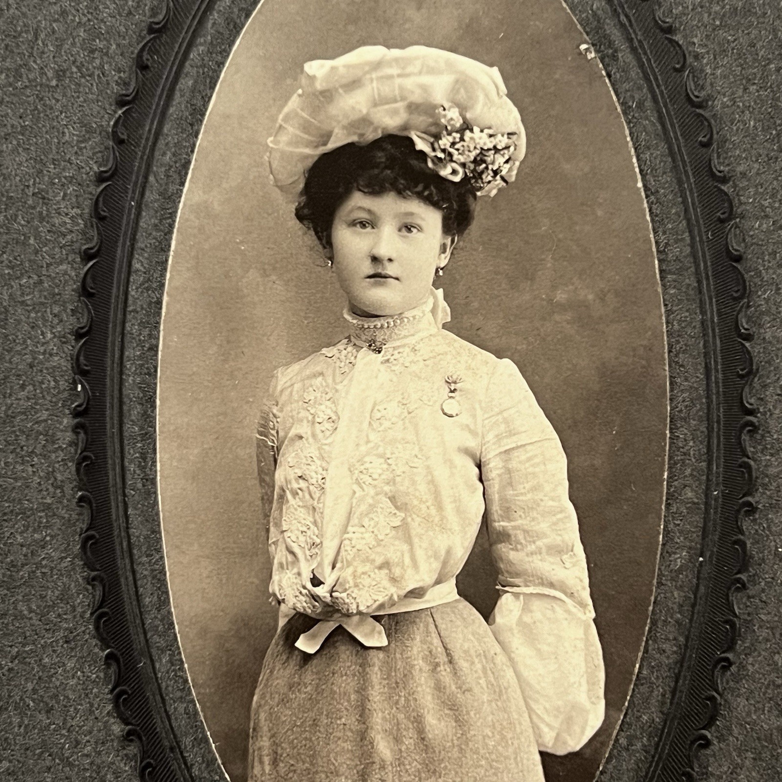 Antique Photograph On Board Beautiful Demure Young Woman Gorgeous Hat Locket Pin
