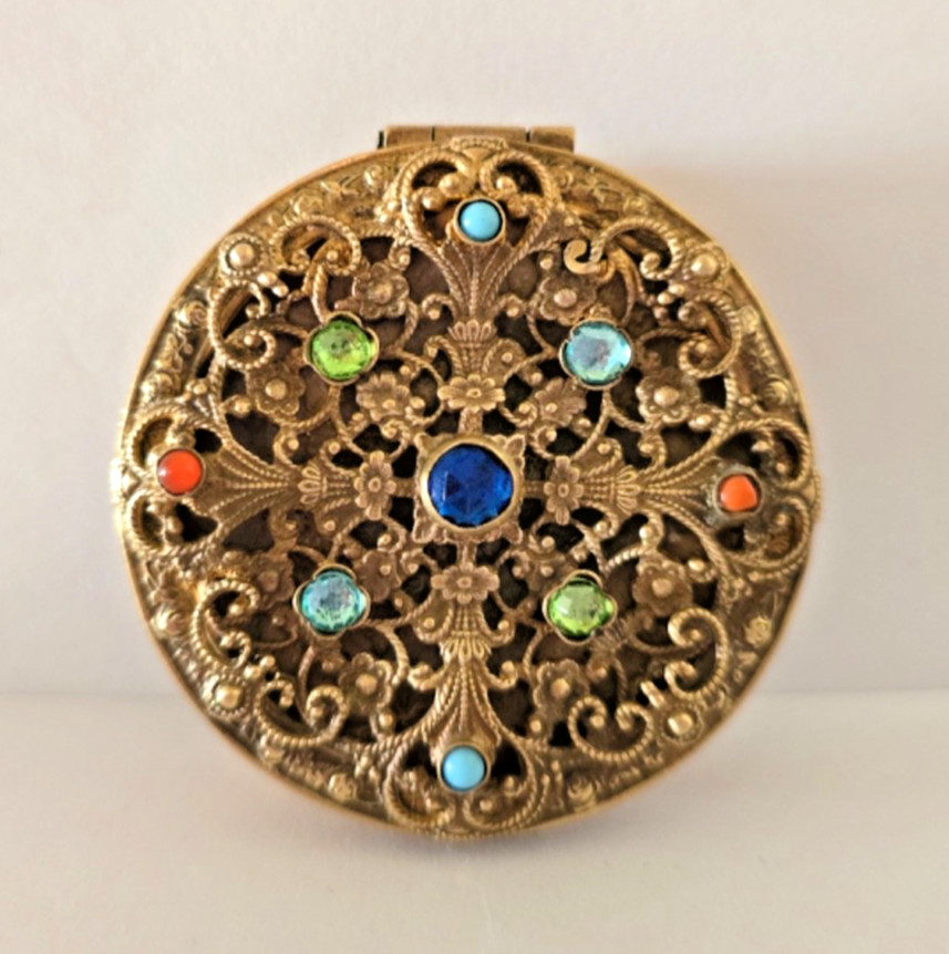 Antique Vintage Austrian Jeweled Filigree Compact Pill Patch Trinket Box LOVELY