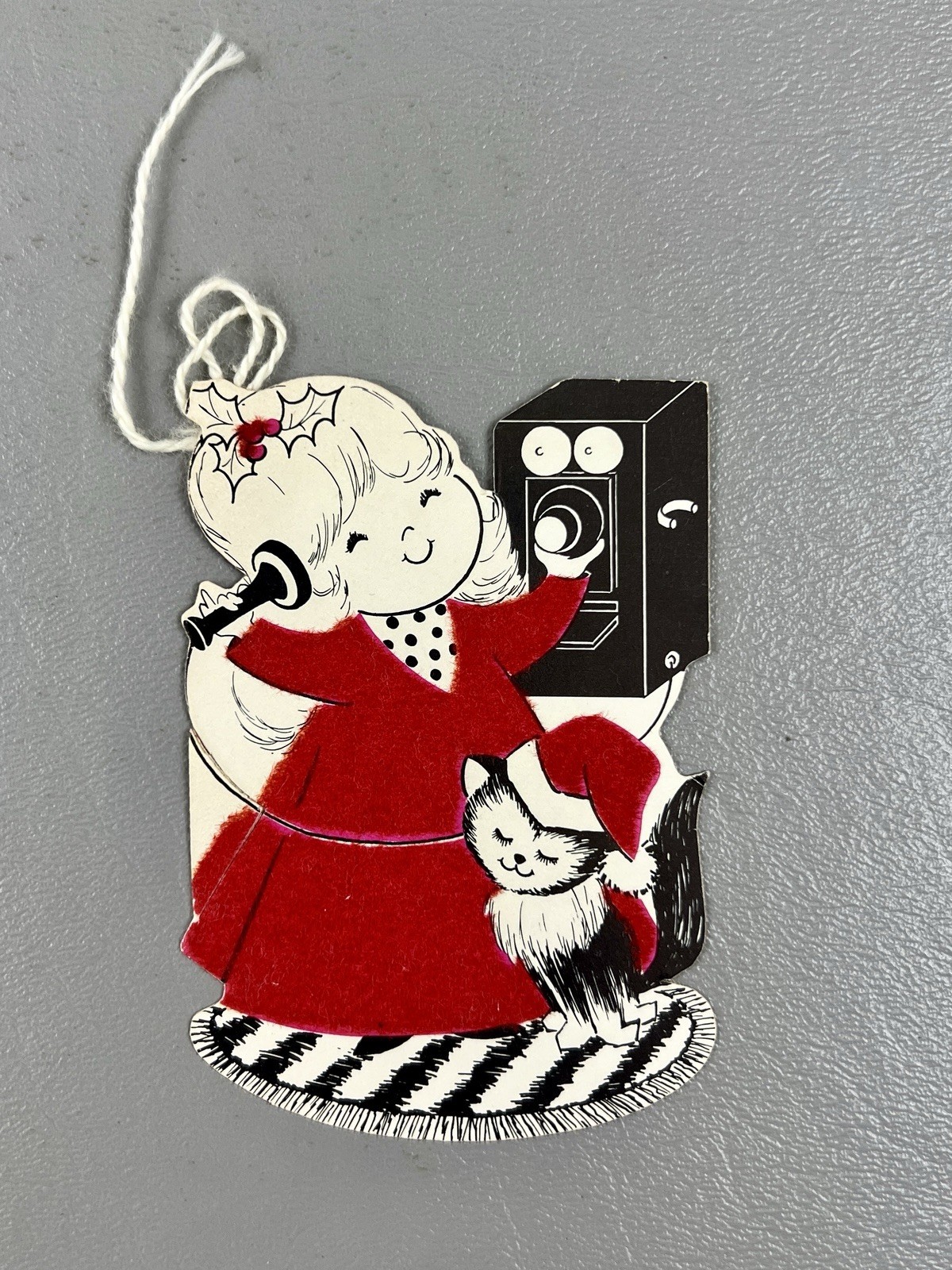 Vintage Flocked Christmas Gift Tag Girl Telephone Kitten Die Cut Mid Century