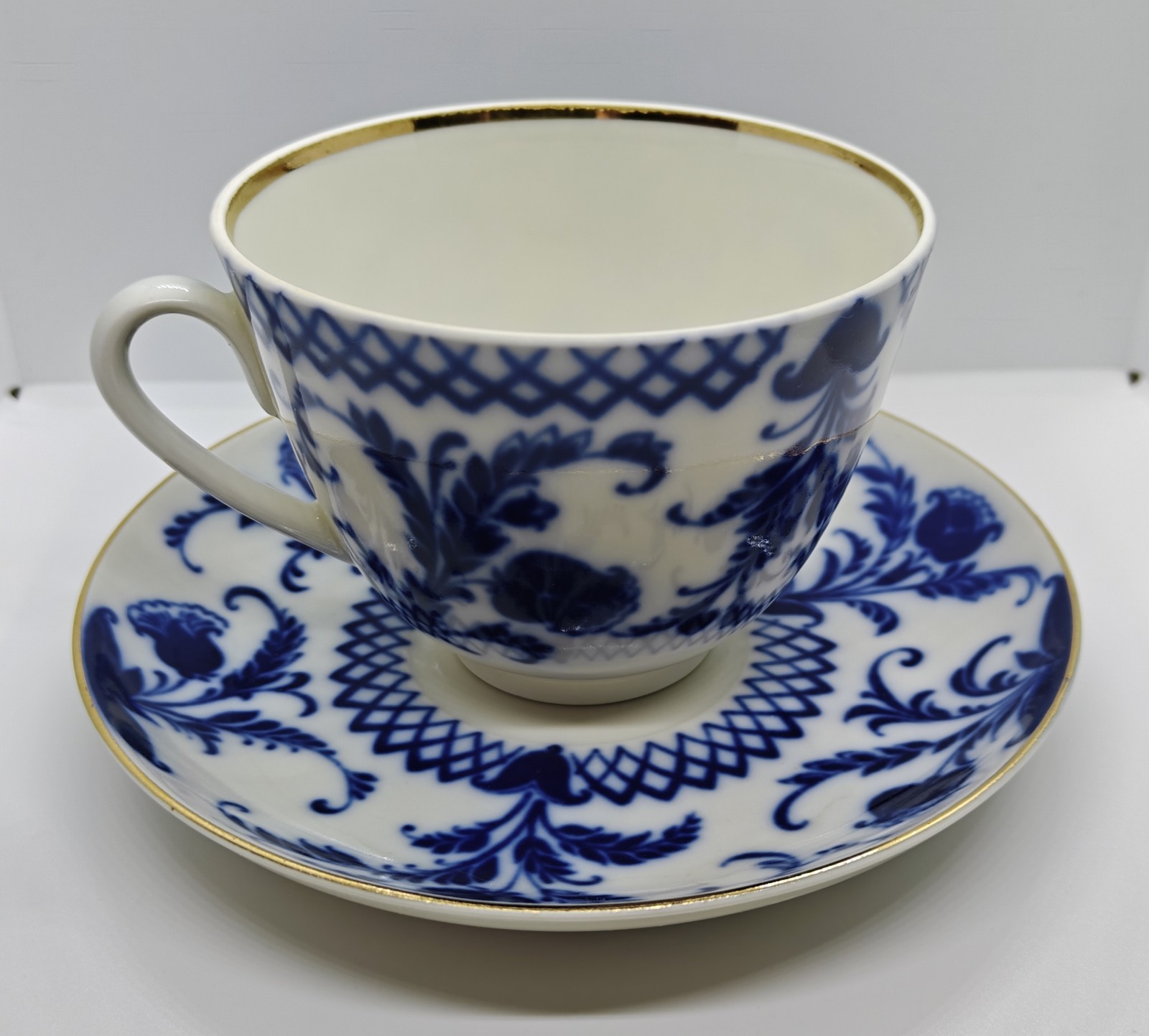 Lomonosov Imperial Russian Cobalt Fern Feather Cup and Saucer Porcelain