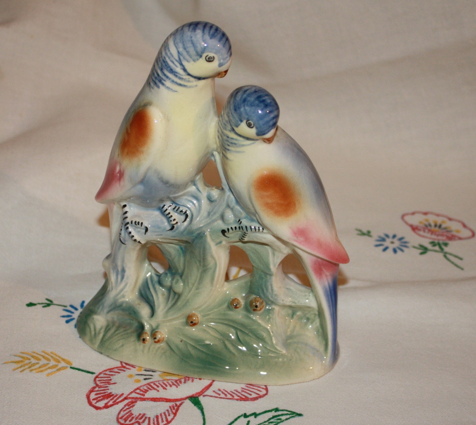 Vintage Spaulding China parakeet figurine, 2 blue & white budgies on tree branch