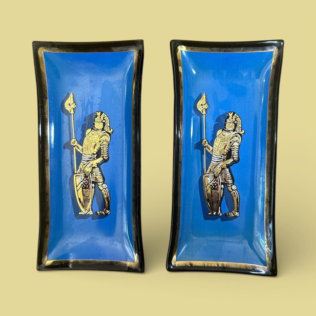 Set of 2 Houze Art 1960 Glass Trays 6” Knight in Armor Ashtray Trinket