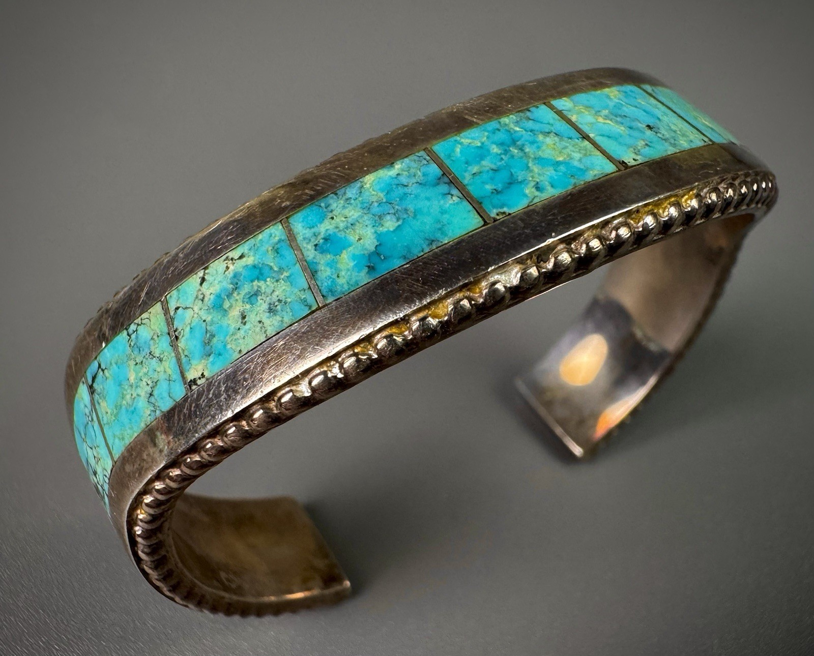 Vintage Navajo Sterling Silver Turquoise Inlay Wavy Cuff Bracelet