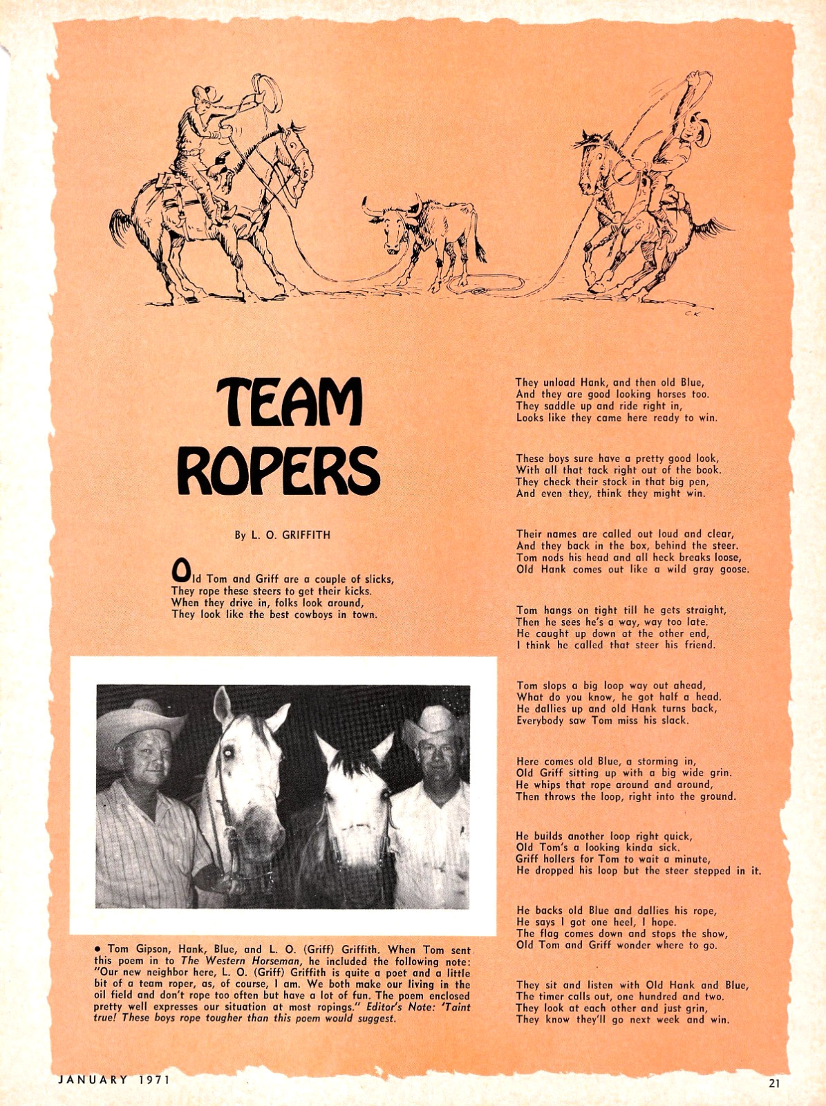 Team Ropers L O Griffith Cowboy Rodeo Horses 1971 Vintage Western Magazine Poem