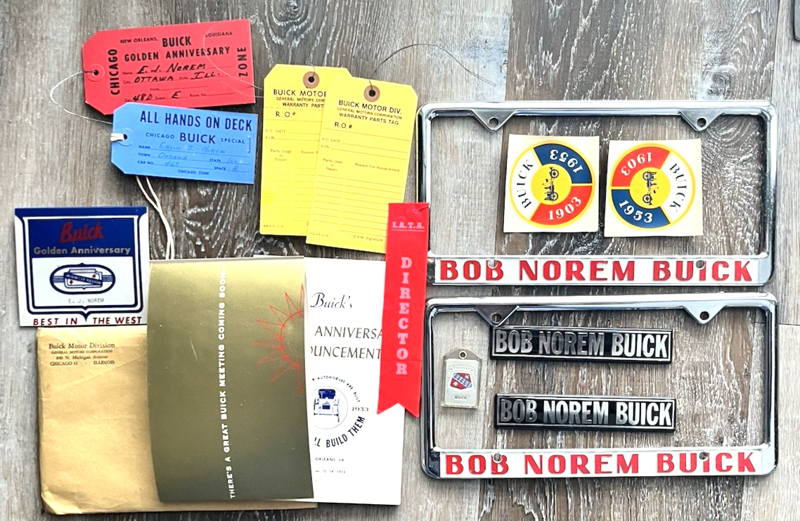 vintage bob norem buick metal license plate frames, emblems,collectables,1953