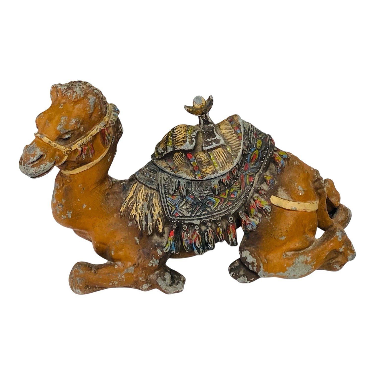 ANTIQUE 1900’s COLD PAINTED CAST METAL CAMEL INKWELL.  ORIGINAL FINISH.  NOTES