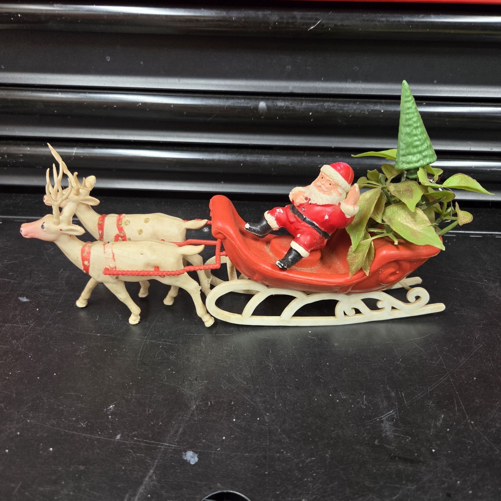 Mid Century Plastic Christmas Santa on Sleigh & Reindeer Display Vntg Hong Kong