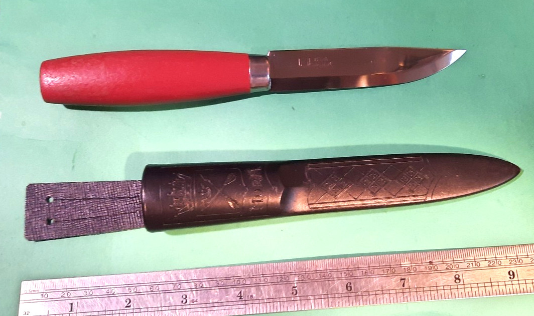 Vintage KJ Eriksson Mora Sweden Knife – Red Wood Handle + Original Sheath