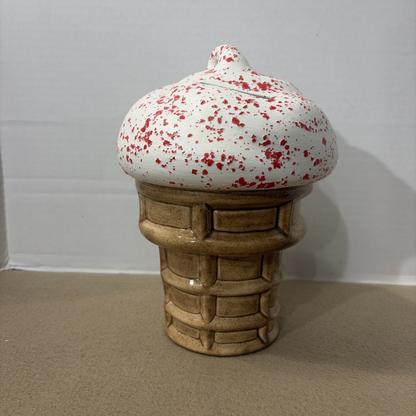 Vintage Ice Cream Cone Bank Ceramic Cherry Strawberry Red White