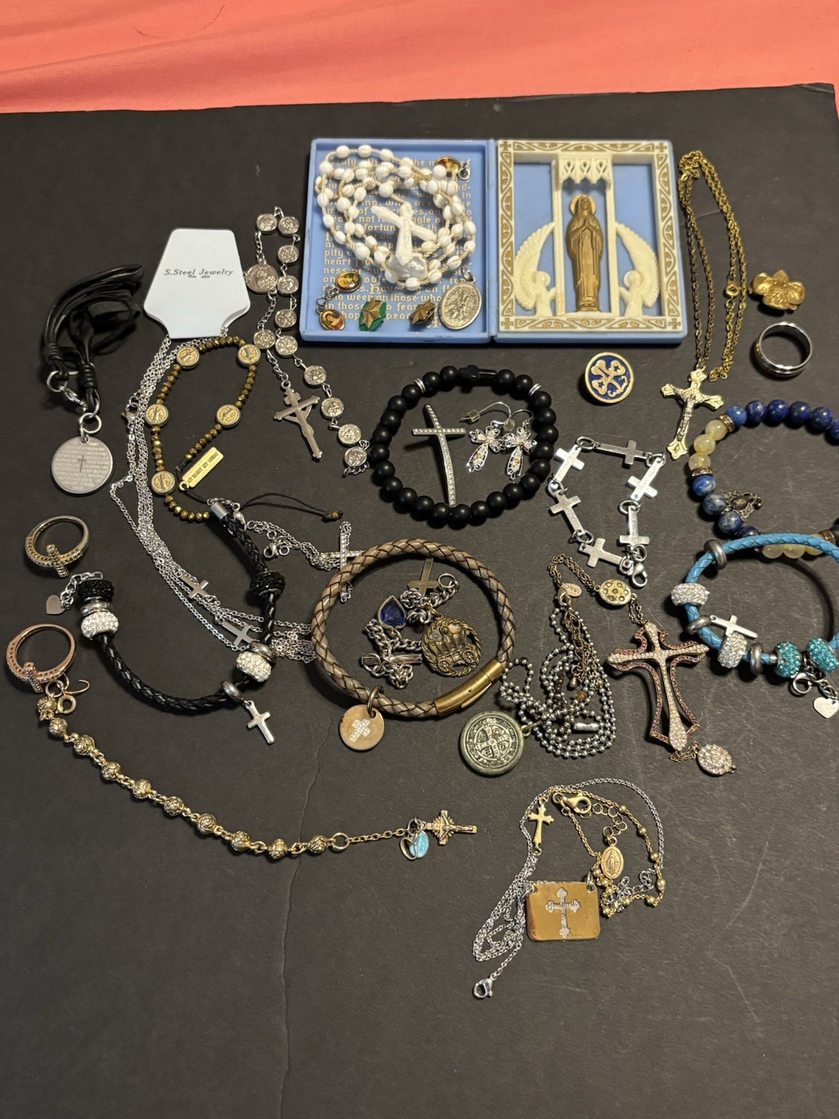 20+ Pc Religious Jewelry Lot - Cross Necklaces Bracelets Rosaries Medals Shrine