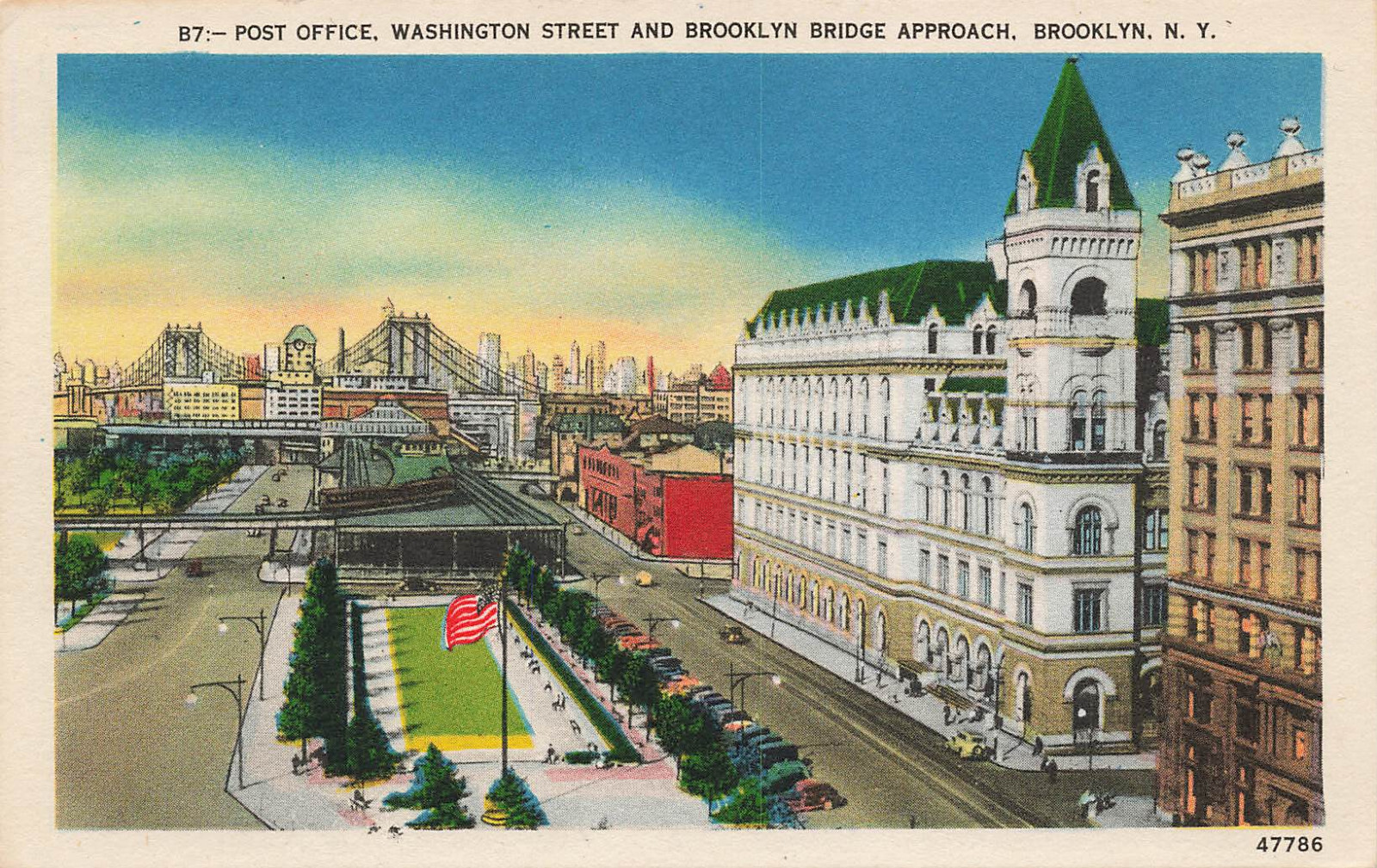 POST OFFICE WASHINGTON ST BROOKLYN BRIDGE APPROACH POSTCARD NEW YORK CITY 1930s