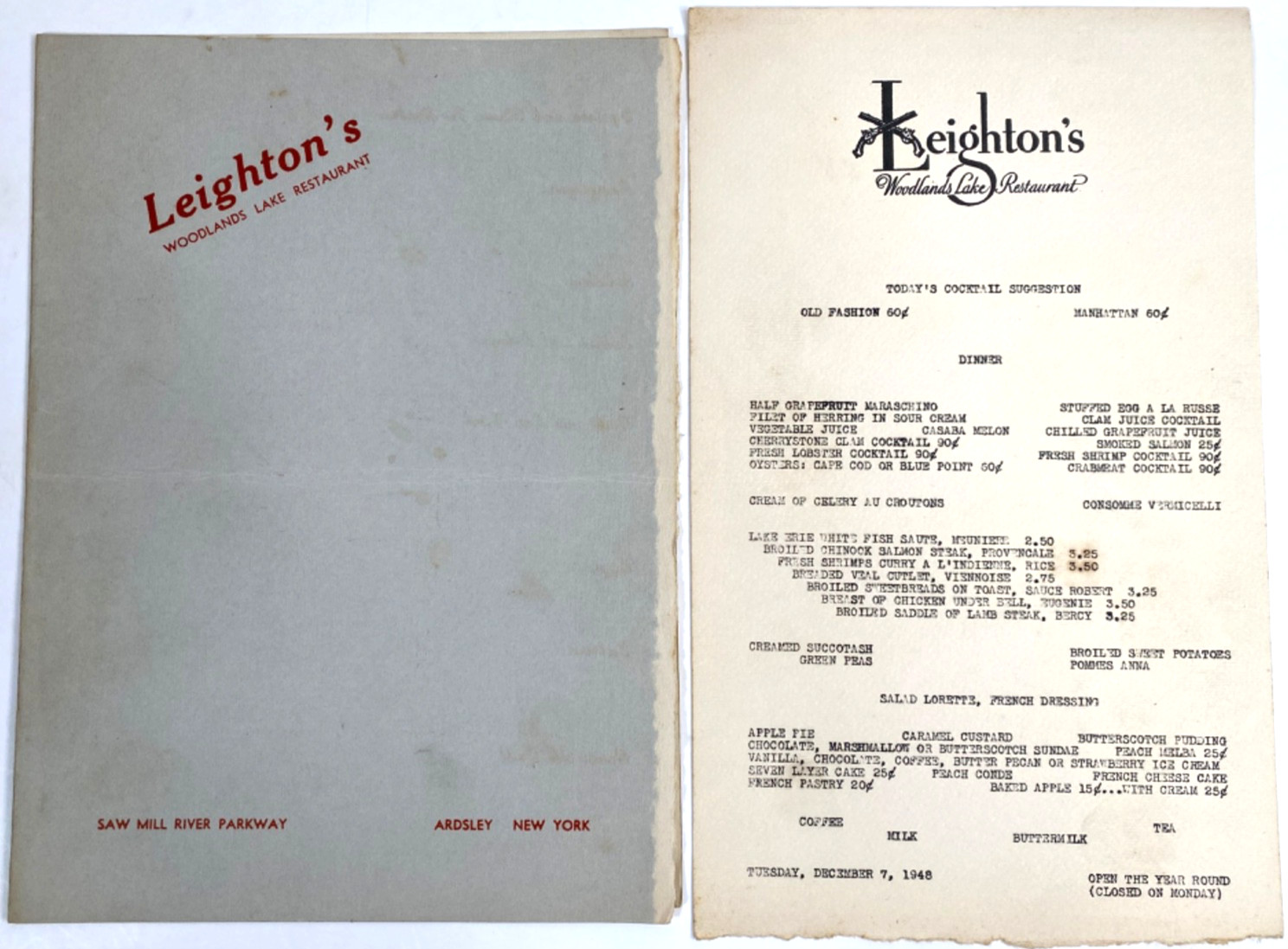 1948 LEIGHTON'S WOODLANDS LAKE RESTAURANT vintage dinner menu ARDSLEY, NEW YORK