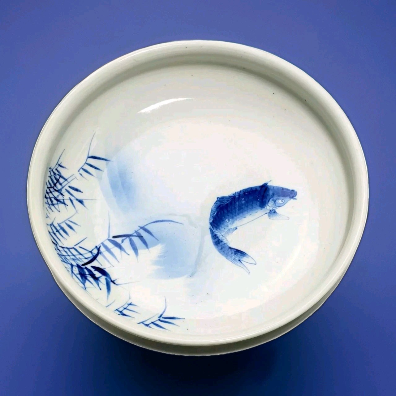 Antique 19c Celadon Bowl Hand Painted Koi Fish Cobolt 12\