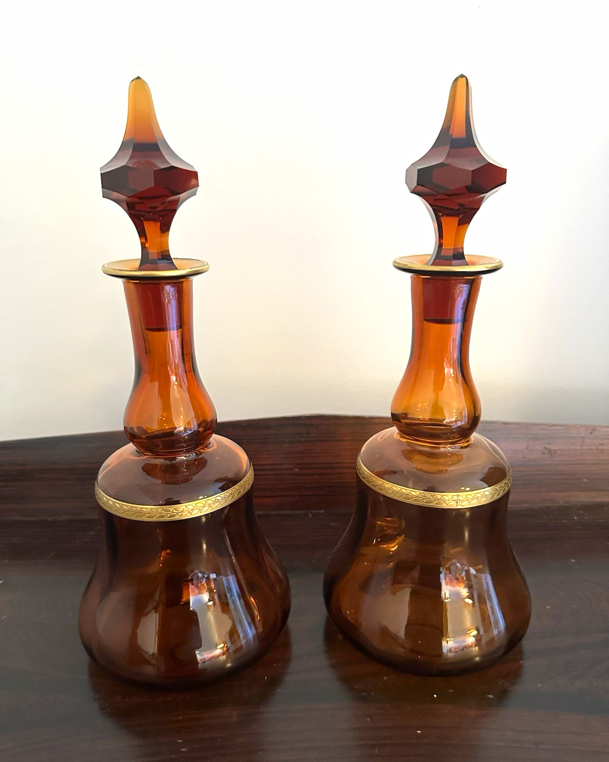 Vintage Amber Glass Decanter Bottles Pair Gold Trim Faceted Stoppers 13”