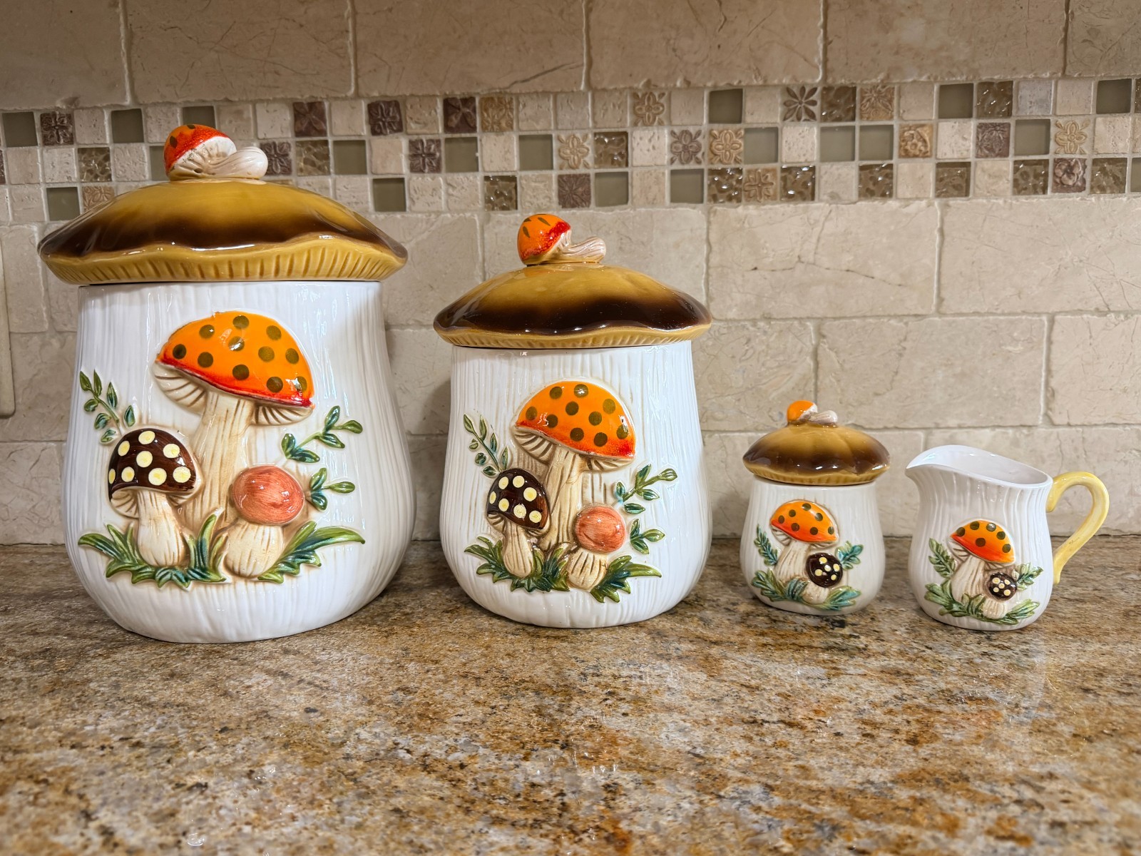 Vintage Sears Roebuck Merry Mushroom 2 Canisters w/lids Sugar Bowl & Creamer Set