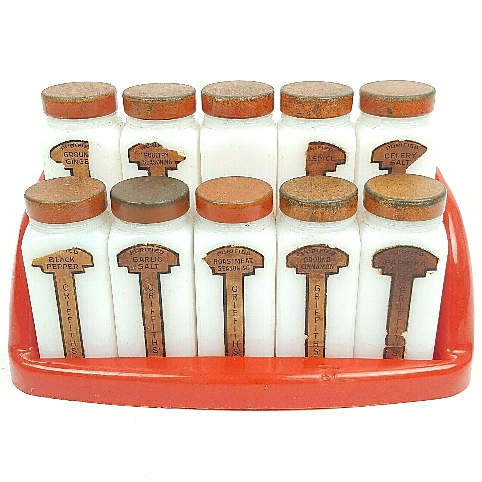 Vintage 1940\'s Griffith Laboratories Hanging Spice Rack 10 Milk Glass Jars Set
