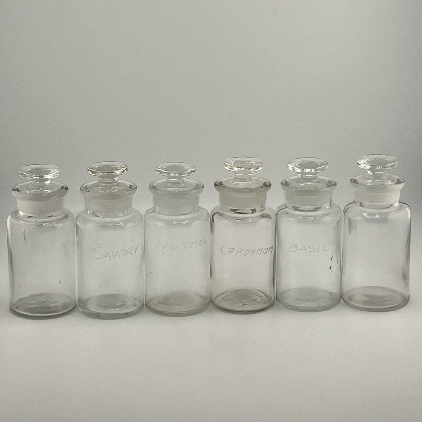 Antique Spice Jar Apothecary Lot Of 6 Empty  Clear Glass Flat Caps Whitall Tatum