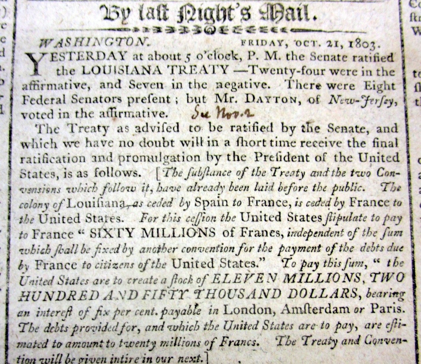 1803 newspaper THE LOUISIANA PURCHASE TREATY is RATIFIED by the US GOVERNMENT