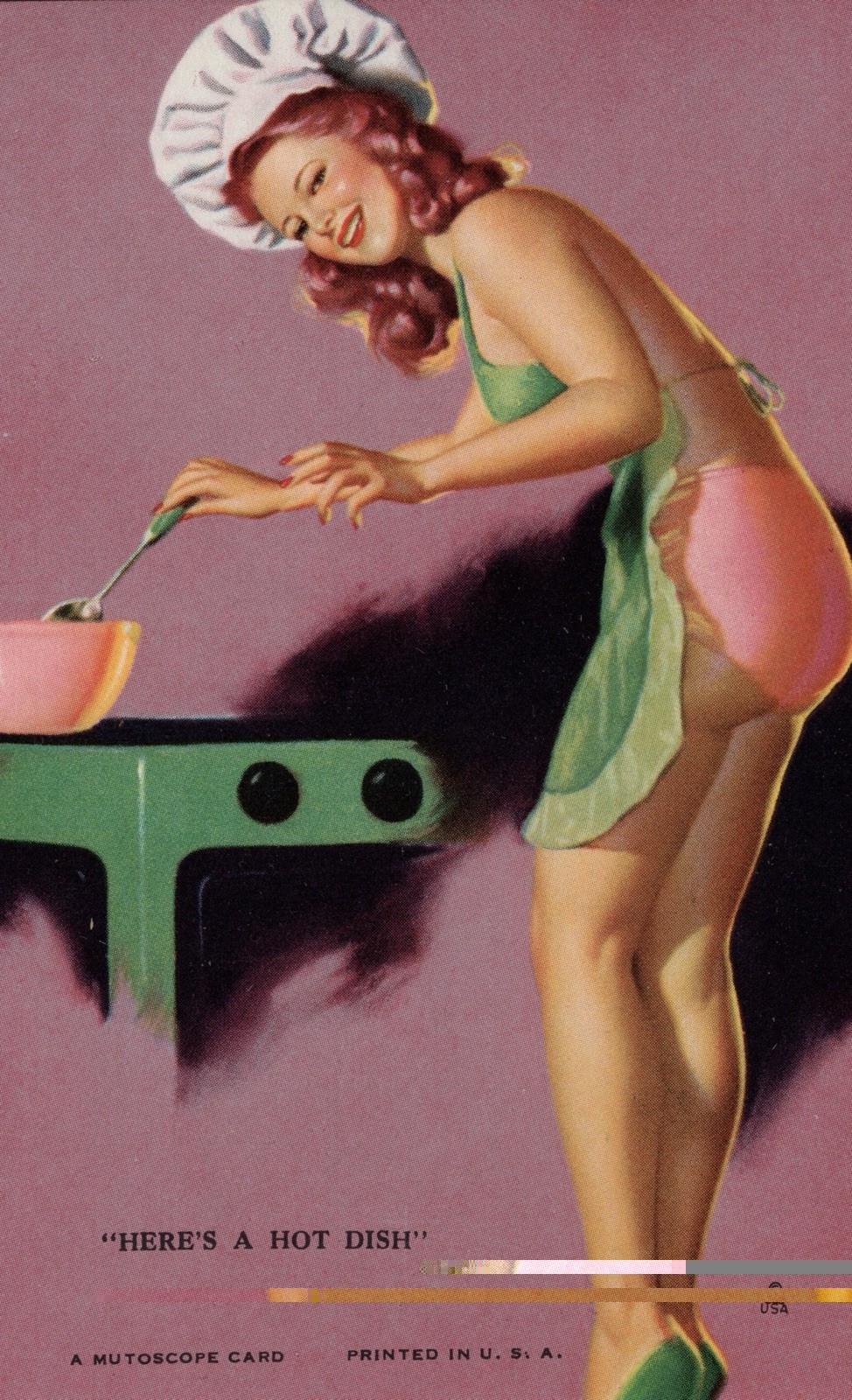 1940s Mutoscope Pin-Up Arcade Card Here's a Hot Dish Earl Moran Chef Hat Kitchen