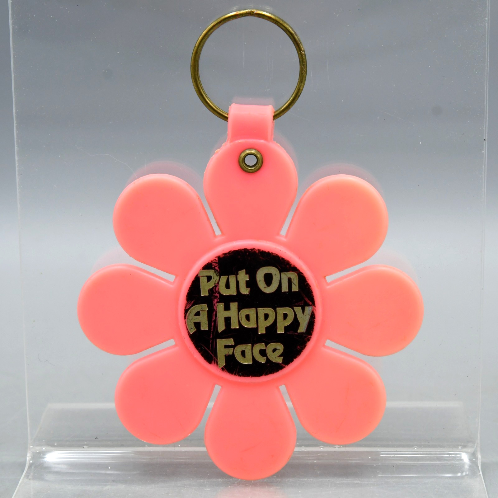 Vintage Put on a Happy Face Flower Power Keychain  1960s 70s Mod Hippie Pink