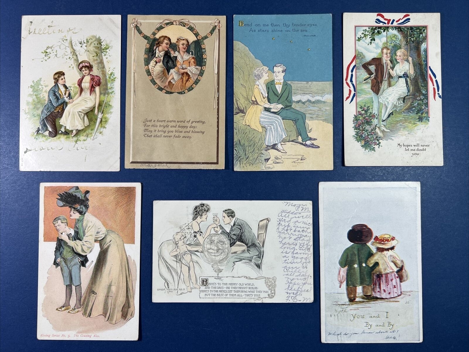 7 Couples Romance Greetings Antique Postcards. 3 EMB. 1 Patriotic.  