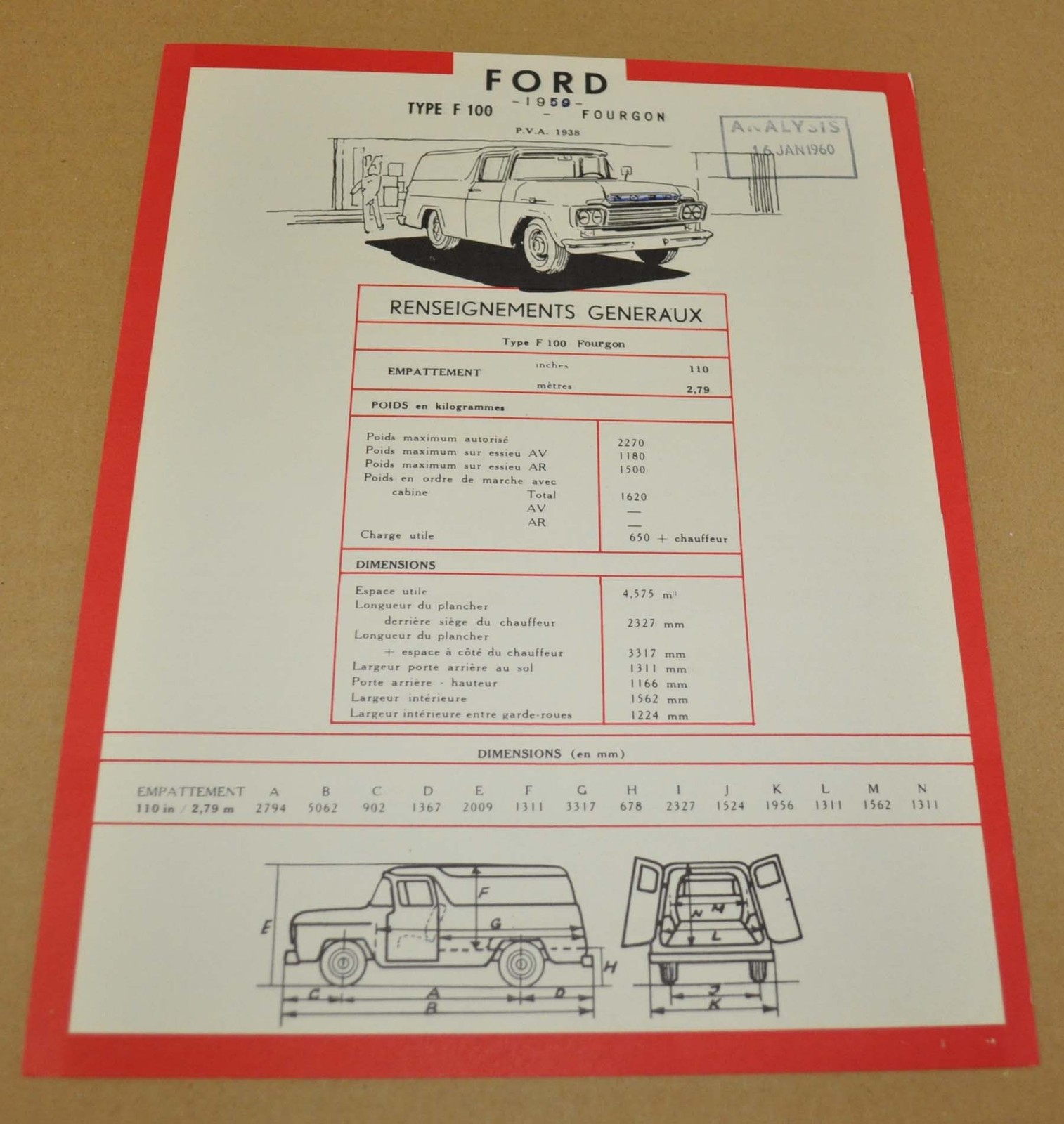 1959 F-100 Panel Ford Truck Sales Camion Brochure Prospekt Prospectus FR
