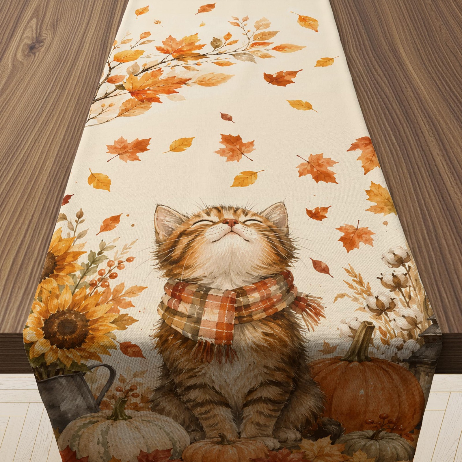 Cozy Cat Pumpkin Fall Table Runner 73 x 13.8 Inch Orange
