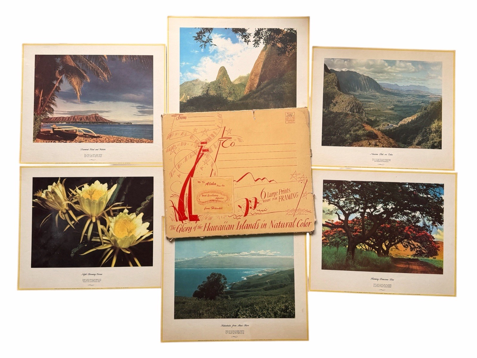 6 Vintage MCM Hawaii Souvenir Prints Beach Decor Waikiki Maui Diamond Head 12x15