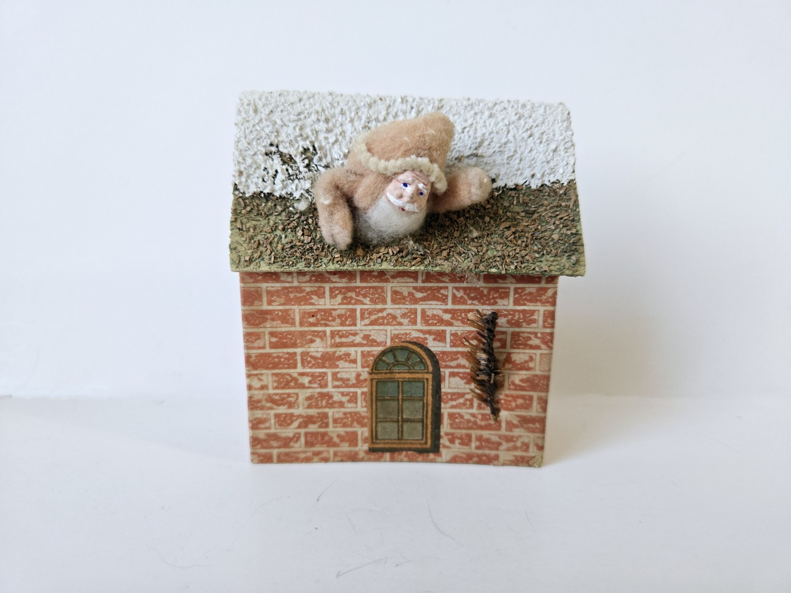 Vintage Christmas cardboard house Putz Santa Claus on roof clay face spun cotton