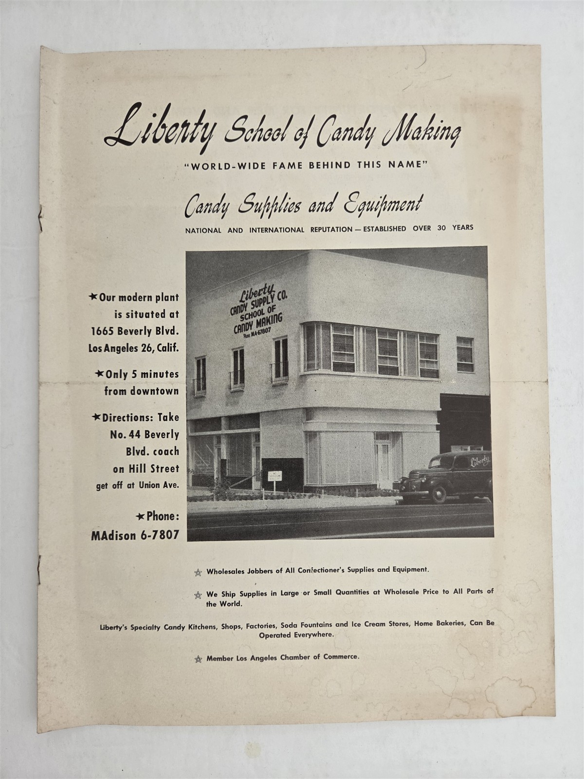 c1940s antique LIBERTY SCHOOL CANDY MAKING los angeles ca CHOCOLATE CAKE CATALOG